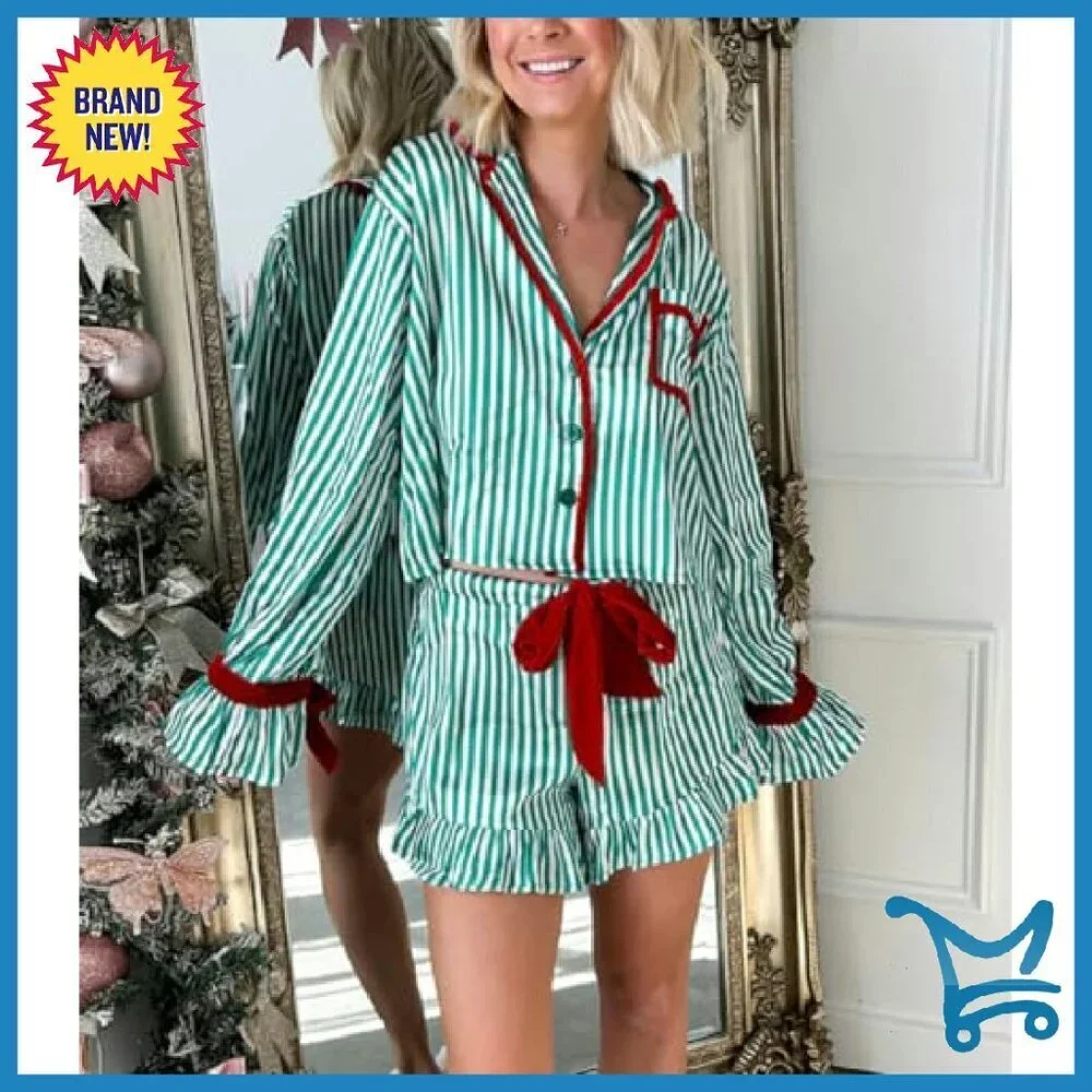 Silk Satin Pajama Set Long Sleeve Bow Tie Shirt Shorts Sleepwear